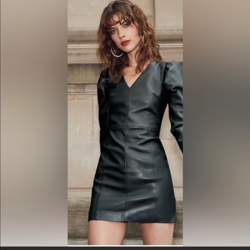 Aqua Women Green V-Neck Faux-Leather Puff Long-Sleeve Mini Dress Size 0